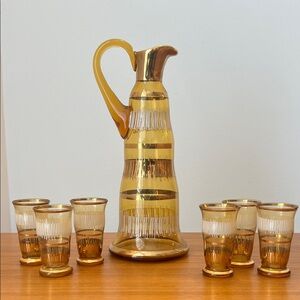 Vintage Amber/Gold Art Glass Hand Blown Decanter / with 6 Liqueur Glasses